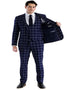 Mens Plaid Suit - Windowpane Pattern With Vest - Business Suit Navy