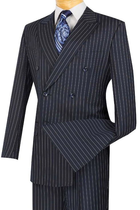 Mens Navy Blue Double Breasted Pinstripe Suit - Peak Lapel Side Vented and Matching Pants