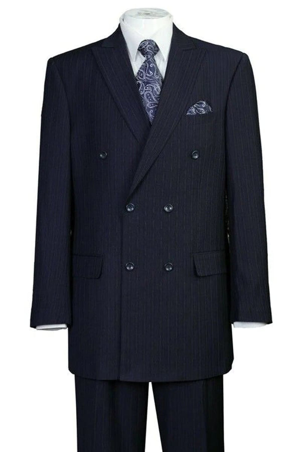 Mens Navy Blue Double Breasted Pinstripe Suit Classic Fit - Peak Lapel Side Vented