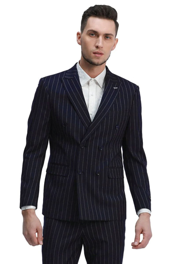 Mens Navy Blue Double Breasted Pinstripe Suit Skinny Fit Pants - Two Button Peak Lapel Side Vented