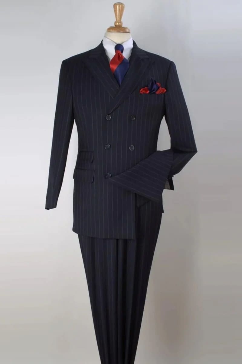 Mens Navy Blue Double Breasted Pinstripe Suit Ticket Pocket - Peak Lapel Side Vented