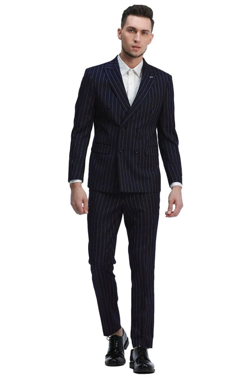 Mens Navy Blue Double Breasted Pinstripe Suit Skinny Fit Pants - Two Button Peak Lapel Side Vented