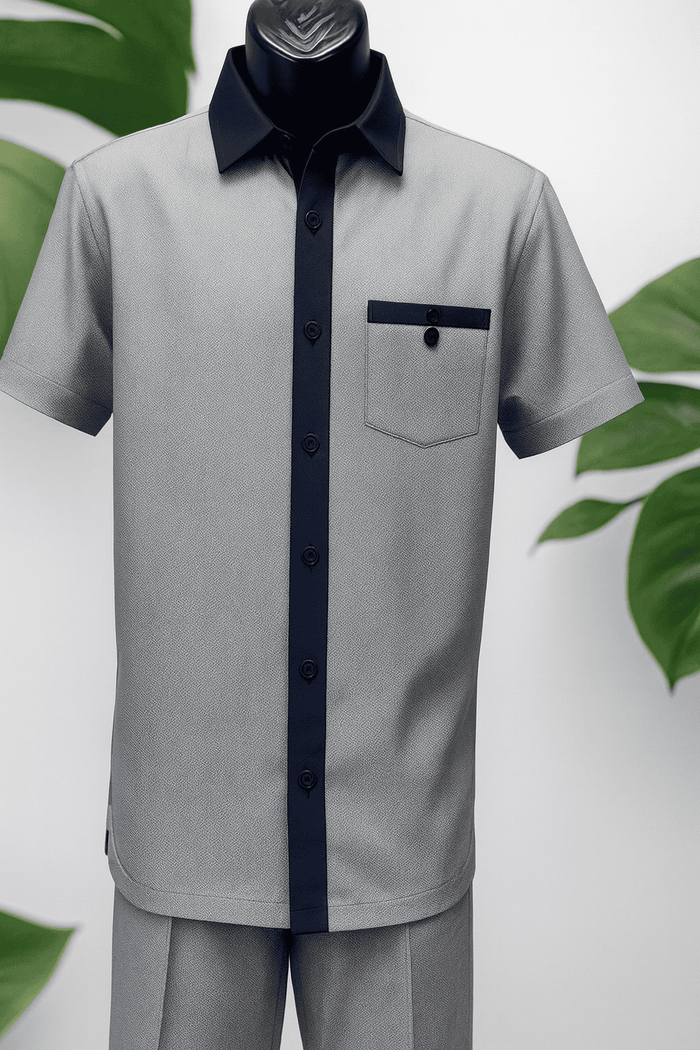 Navy & white houndstooth walking suit for men. Short-sleeve shirt with navy collar & pocket trim, button closure, left pocket. Matching pants complete the set.
