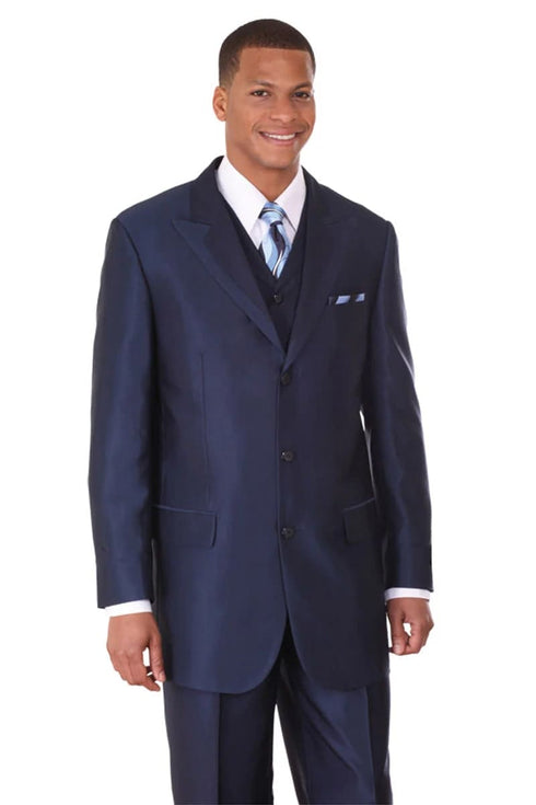 Mens 3 Button Fashion Suit with Wide Trimmed Peak Lapel in Navy