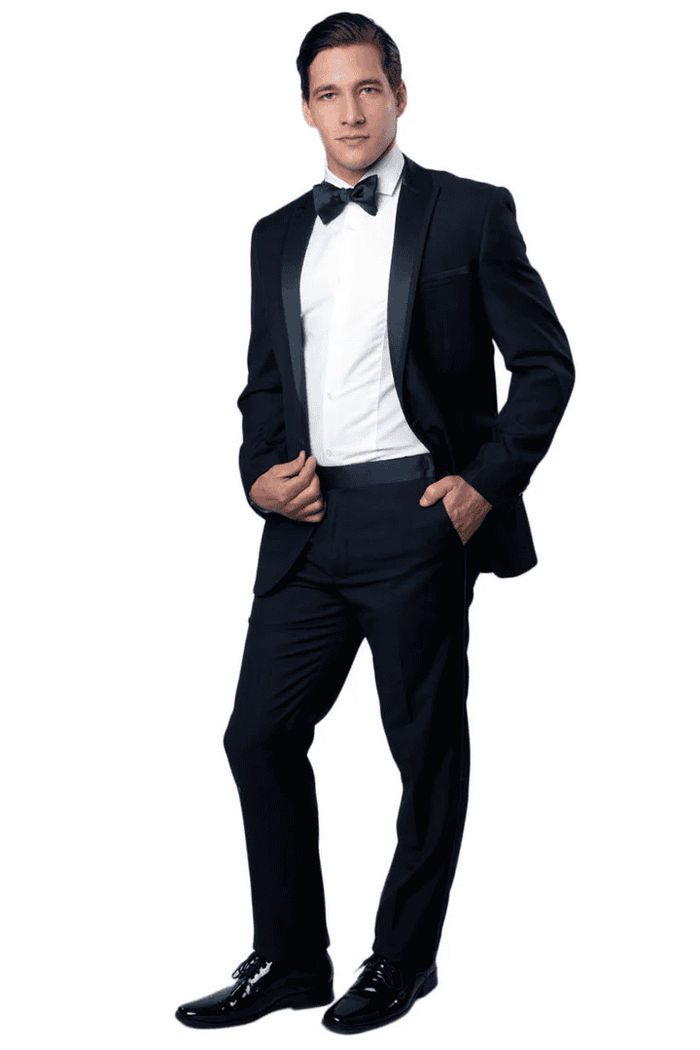 Men's Slim Fit One Button Satin Trim Peak Lapel Prom & Wedding Tuxedo In Navy Blue