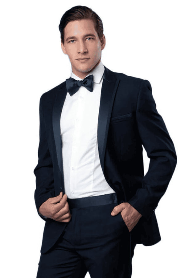 Men's Slim Fit One Button Satin Trim Peak Lapel Prom & Wedding Tuxedo In Navy Blue