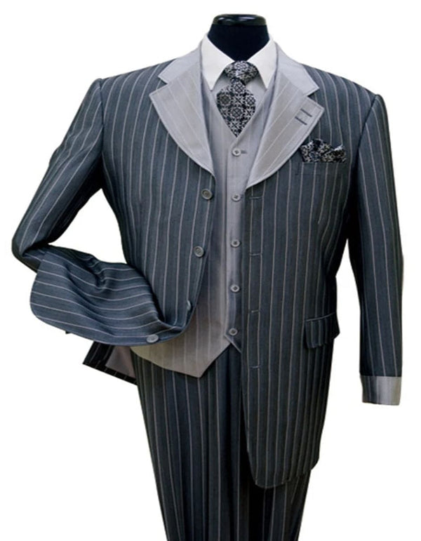 Mens Vested Shiny Sharkskin Pinstripe Fashion Navy Blue Zoot Suit