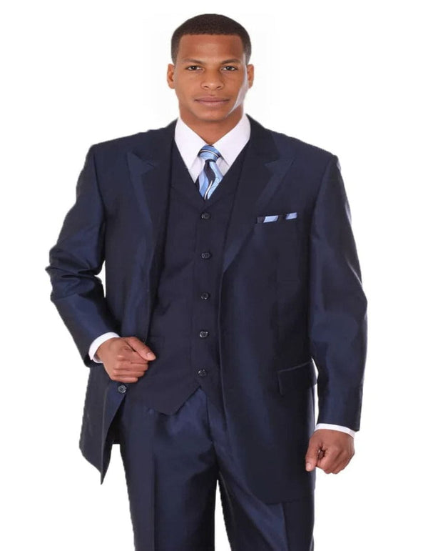 Mens 3 Button Vested Wide Peak Lapel Two Tone Sharkskin Navy Blue Sut