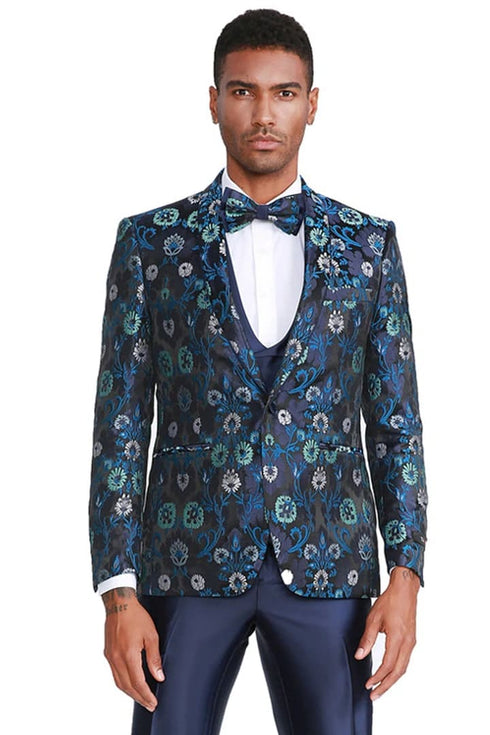 Men's One Button Vested Floral Print Navy Blue Wedding Tuxedo