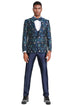 Men's One Button Vested Floral Print Navy Blue Wedding Tuxedo