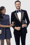 Mens Modern Fit Velvet Tuxedo Gold Sequin Embellishment Navy Blue