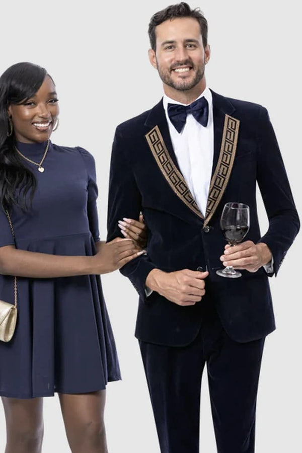 Mens Modern Fit Velvet Tuxedo Gold Sequin Embellishment Navy Blue