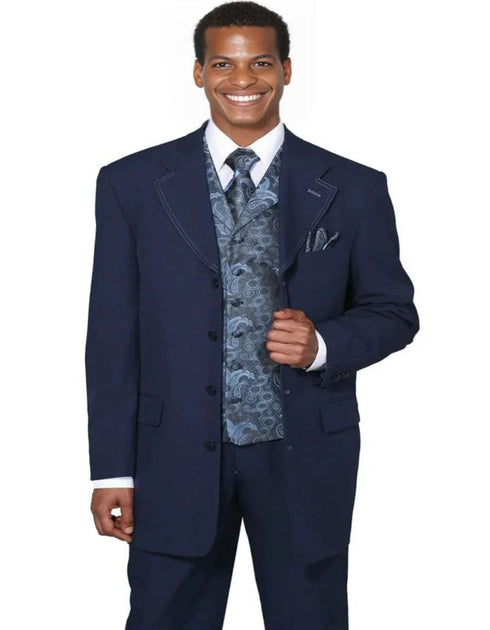 Mens 4 Button Long Vested Fashion Navy With Paisley Vest Suit