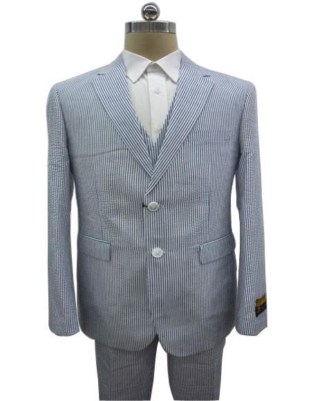 Men's Notch Label Dark Navy Colour Summer Seersucker Fabric Jacket + Pants 3 Piece Suit
