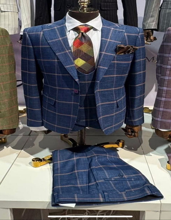 Rossiman Suits Brand - Plaid Textured Double breasted Style - Windowpane Pattern in Color Navy and Gray