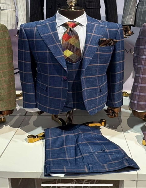 Rossiman Mens Navy & Gray Plaid Suit - Classic Windowpane Double-Breasted Design