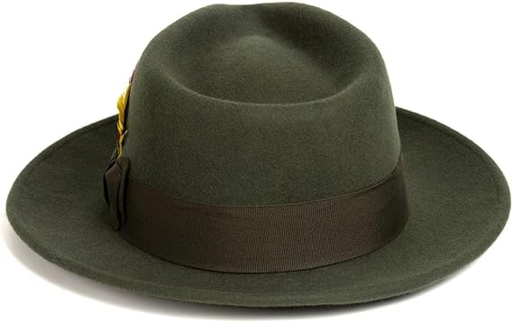 Gangster 100% Australian Wool Crushable Mens Fedora Hat - Removable Feather Gangster Olive Green Mens Fedora Hat