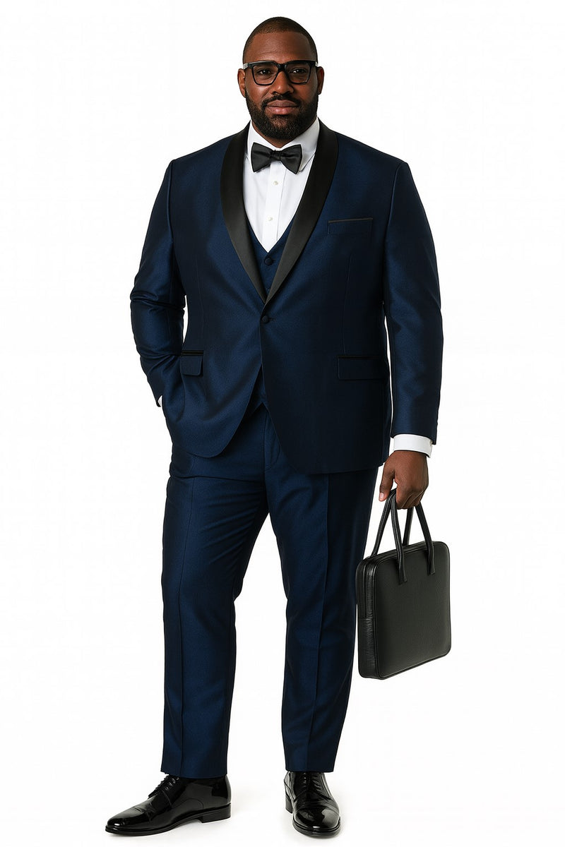 Navy blue satin tuxedo with black shawl lapel. Three-piece set: jacket, vest, pants. Structured fit, complemented by a white shirt. Sapphire blue with shiny black accents.
