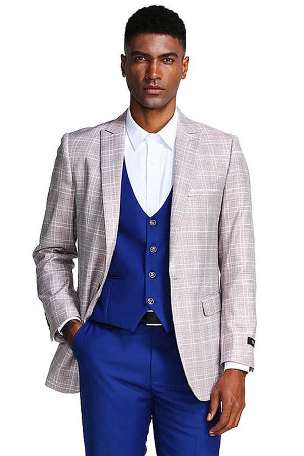 "Grey & Blue Glen Plaid Men's Suit with Peak Lapel & Double Breasted Vest"