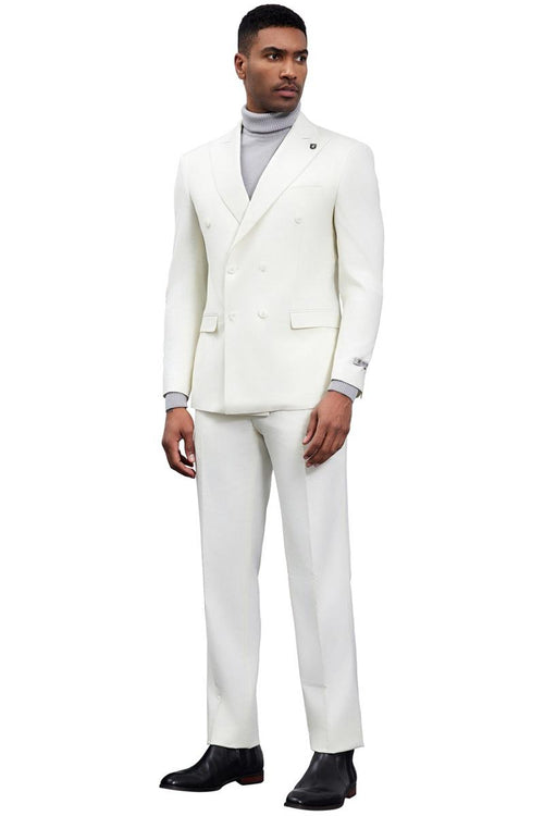 Stacy Adams ivory double-breasted suit: tailored blazer with peaked lapels, straight-leg pants. Smooth, solid ivory fabric. Features a turtleneck. Classic designer style.
