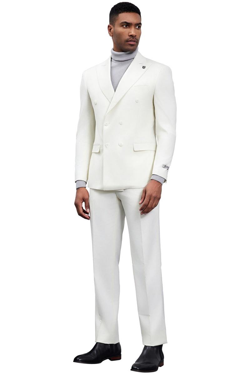 Stacy Adams ivory double-breasted suit: tailored blazer with peaked lapels, straight-leg pants. Smooth, solid ivory fabric. Features a turtleneck. Classic designer style.
