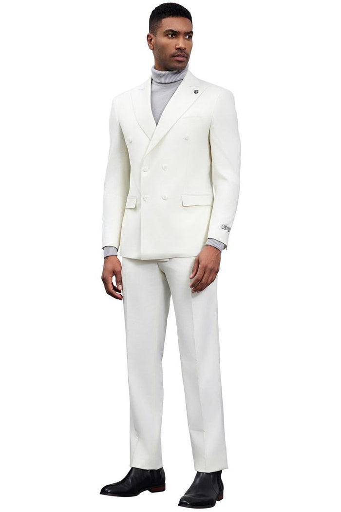 Stacy Adams ivory double-breasted suit: tailored blazer with peaked lapels, straight-leg pants. Smooth, solid ivory fabric. Features a turtleneck. Classic designer style.
