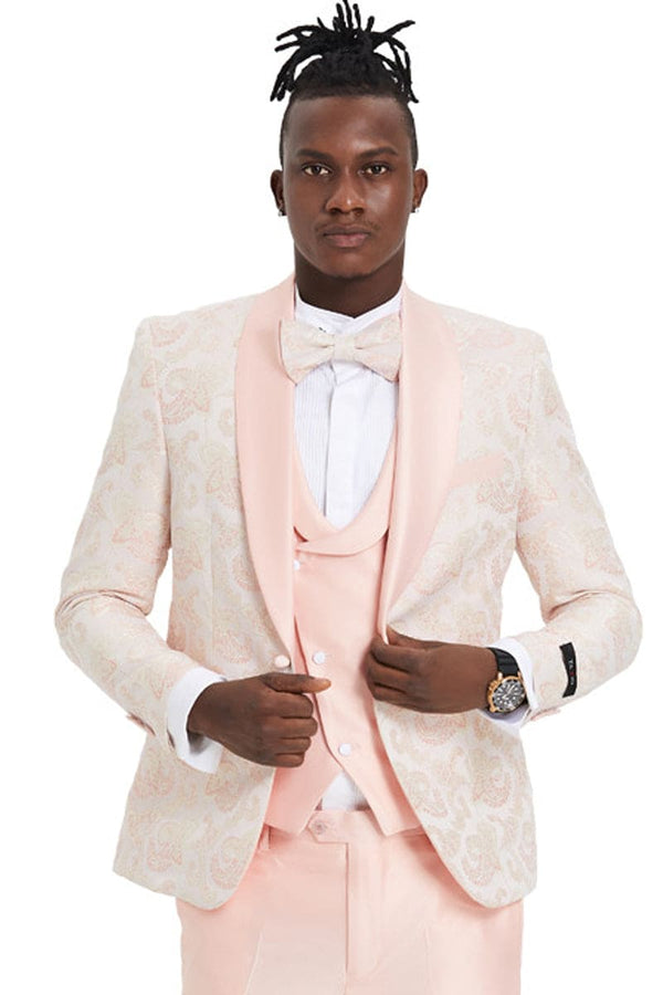 "Men's Pink Paisley Prom 2025 Tuxedo - One Button Vested Shawl Lapel"