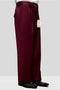 Burgundy Italian wool wide-leg men's dress pants. Smooth fabric, straight leg, and solid color. Includes side pockets and button closure.
