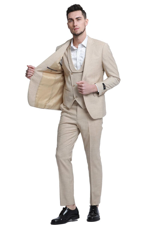 "Sharkskin Wedding Suit: Men's Slim Fit Double Breasted Vest in Khaki"