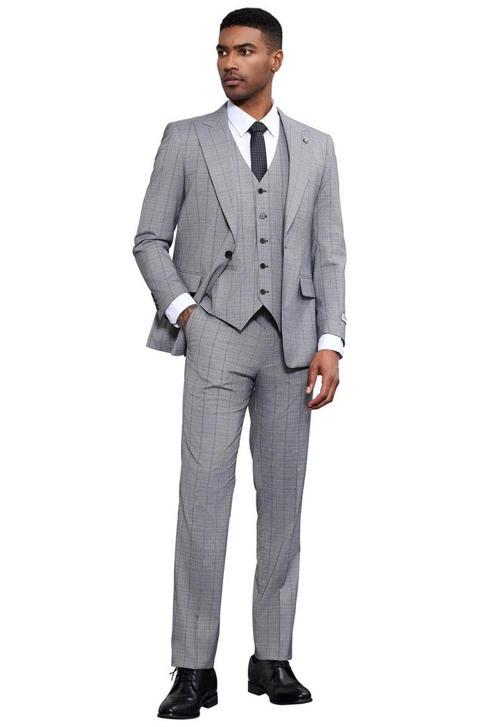 Stacy Adams modern fit, light grey 3-piece suit with tonal windowpane plaid. Featuring a fitted silhouette, single-breasted jacket with peaked lapels, vest, and flat-front trousers. Lightweight fabric.