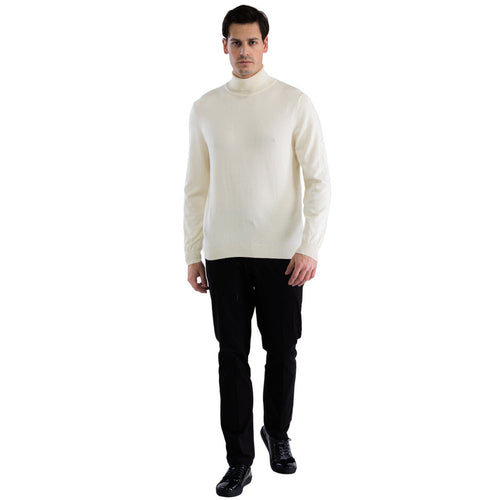 Alberto Nardoni men's off-white turtleneck sweater. Fitted silhouette, long sleeves, and ribbed high neckline. Soft, smooth material, solid color. Ribbed hem and cuffs for definition.

