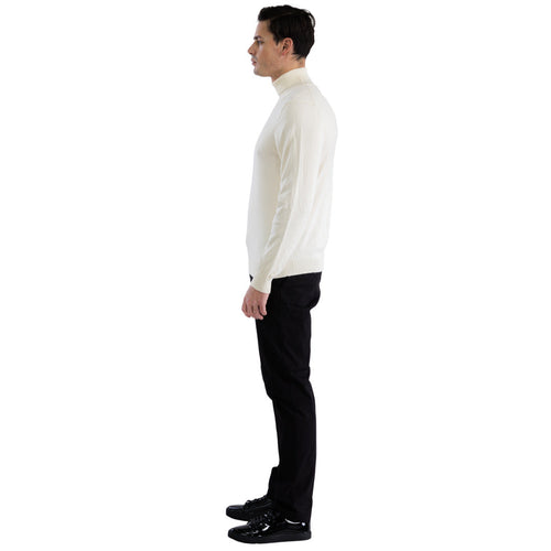 Alberto Nardoni men's off-white turtleneck sweater. Form-fitting, high collar, knitted fabric. Solid off-white with ribbed hem/cuffs. Soft material.
