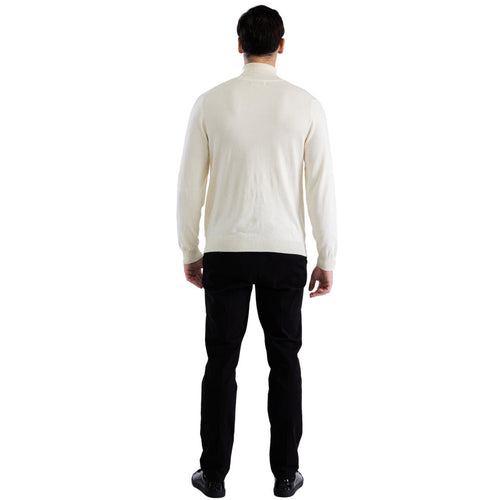 Alberto Nardoni men's off-white turtleneck sweater. Fitted shape, long sleeves, high collar. Knitted, smooth fabric. Minimalist back design, consistent off-white color.
