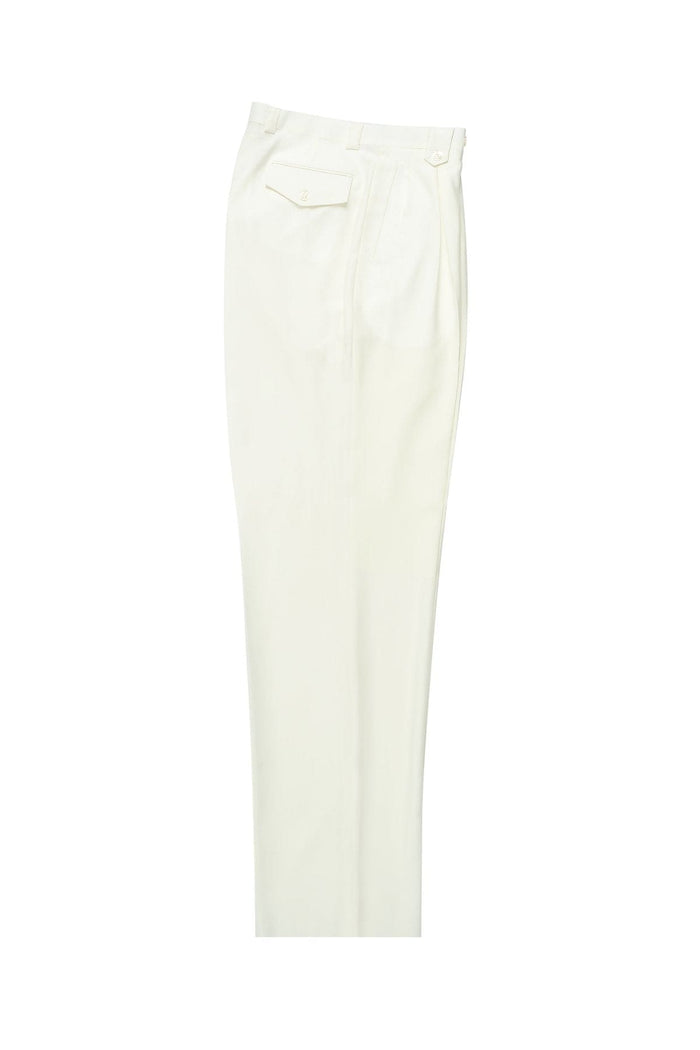 Off-white Tiglio Luxe pure wool wide-leg dress pants. Straight leg, tailored silhouette. Features: zip fly, two back pockets with flaps. Formal and clean appearance.
