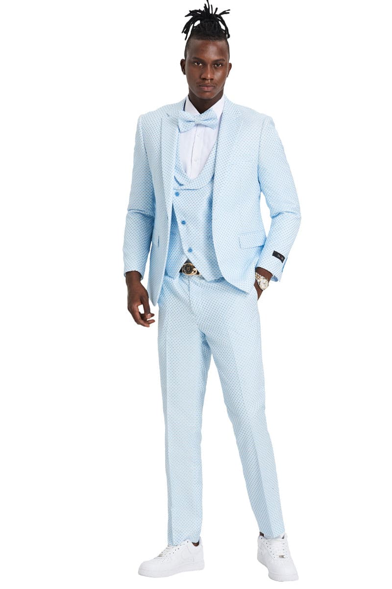 "Men's Sky Blue Polka Dot Prom 2026 & Wedding Suit - One Button Double Breasted Vest"