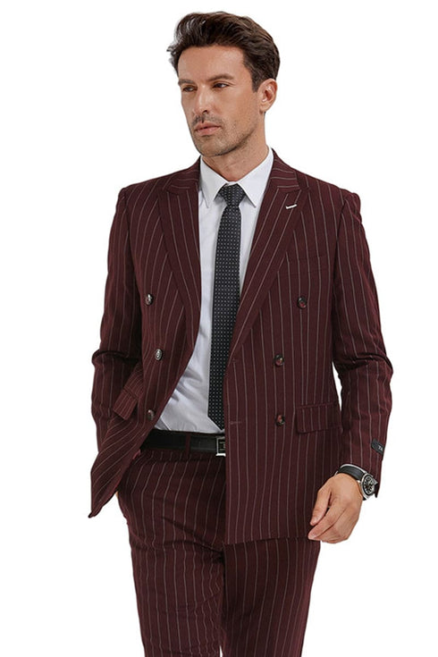 "Burgundy Men's Slim Fit Double Breasted Pinstripe Gangster Suit"