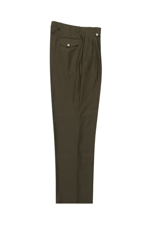 Tiglio Luxe 2576 olive wide-leg wool dress pants. Wide leg, flat front with two pleats, single back pocket (button closure). Standard waistband with belt loops.