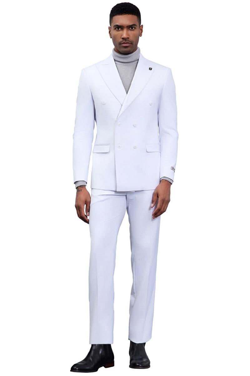 Stacy Adams white double-breasted suit. Smooth fabric, peak lapels, double-breasted closure. Straight-cut trousers for a fitted look.
