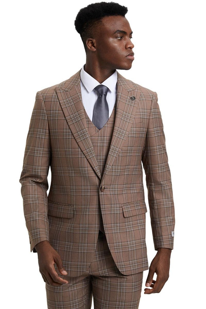 Men's Stacy Adams light brown plaid suit. One-button peak lapel. Structured silhouette, double-breasted vest. Features brown, beige, white, and dark lines in plaid.
