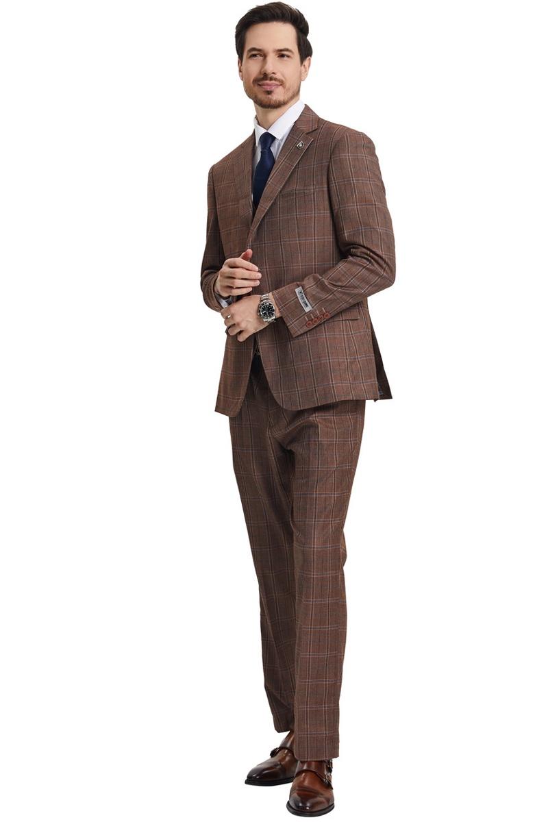Stacy Adams men's modern fit suit in light brown with windowpane plaid. Single-breasted jacket, notched lapel, tapered trousers, and matching vest. Woven fabric.
