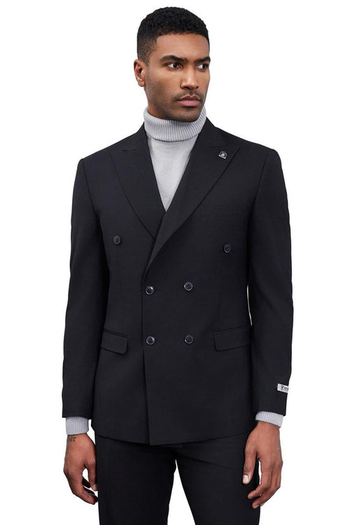 Black Stacy Adams double-breasted suit. Structured silhouette with peak lapels, tailored fit, and smooth fabric. Features two rows of buttons, front pockets, and fitted sleeves. Branded lapel detail.
