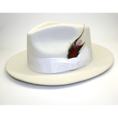 Off-white fedora with structured, wide brim and rounded crown. White band and feather accent. Classic, stylish design.
