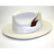 Off-white fedora with structured, wide brim and rounded crown. White band and feather accent. Classic, stylish design.
