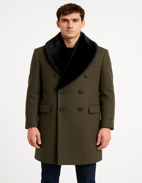 Mens Olive Green Wool Overcoat with Black Faux Fur Shawl Collar â€“ Double Breasted Winter Coat