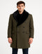 Mens Olive Green Wool Overcoat with Black Faux Fur Shawl Collar â€“ Double Breasted Winter Coat