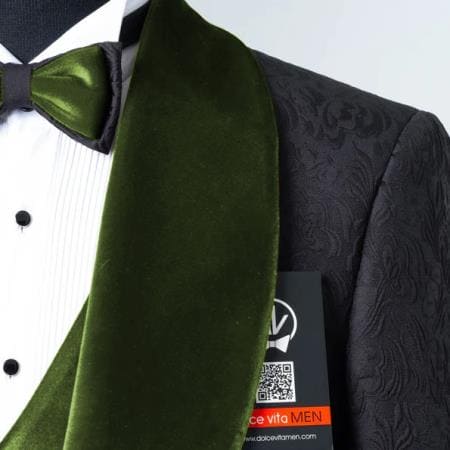 Mens Black With Olive Velvet Lapel 3-Piece Tailored-Fit Tuxedo