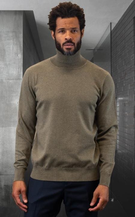 Mens Turtleneck Sweater Olive And Cashmere Fabric