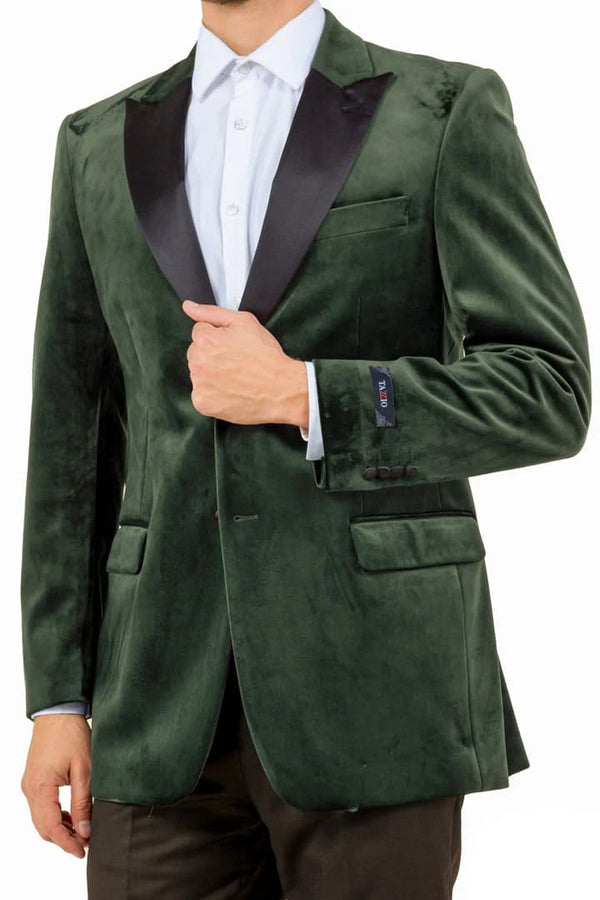 Dark Green Tuxedo - Men's Two Button Peak Lapel Velvet Wedding & Prom Olive Green Tuxedo Jacket