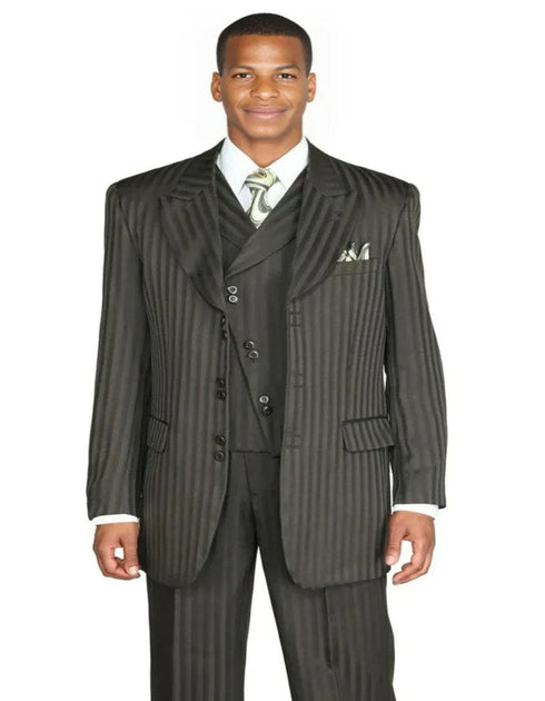 Mens Fashion Slanted Vested Peak Lapel Tonal Pinstripe Olive Green Suit