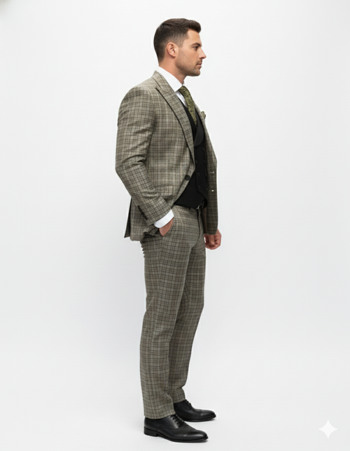Statement Suits - Wool Suits - Peak Lapel Suits - Ticket Pocket - Modern Fit - Olive Suit